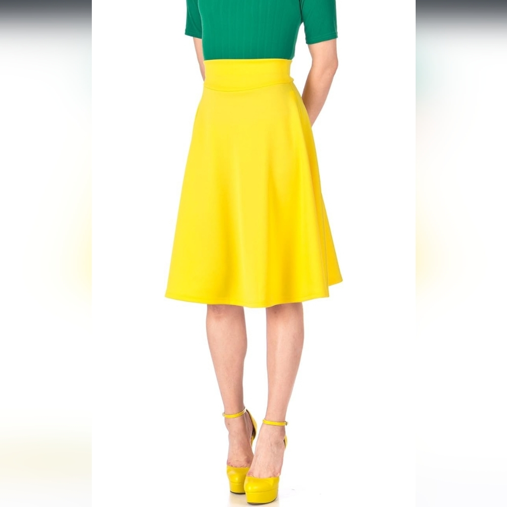 Wide High Waist A-Line Full Flared Yellow Midi Skirt